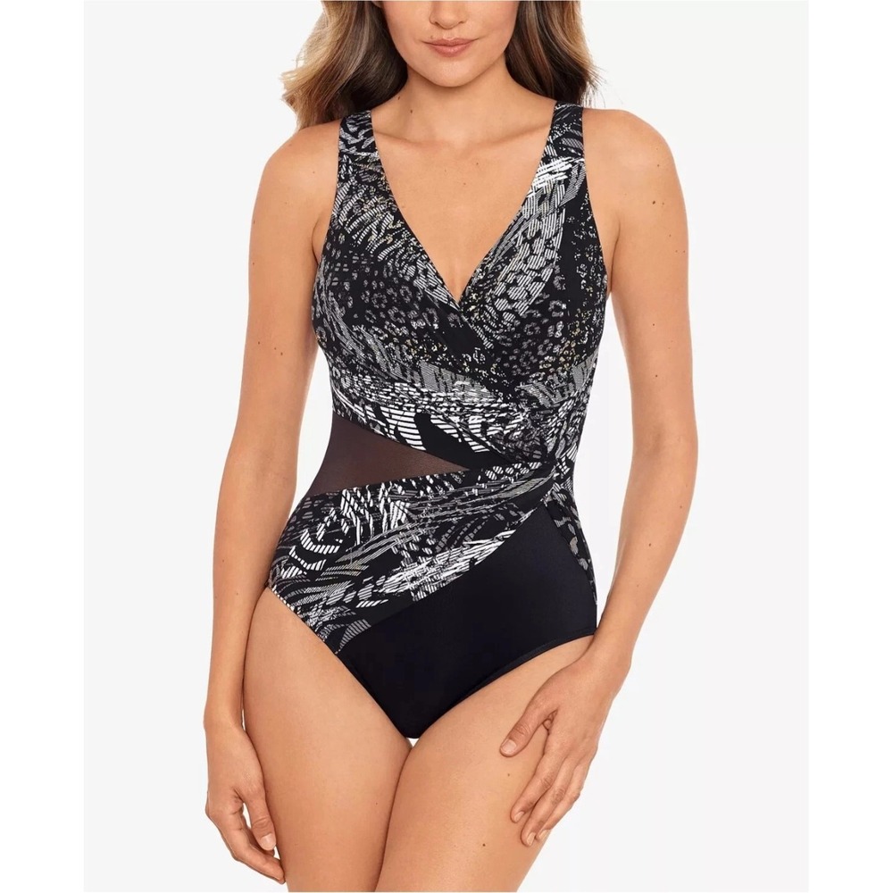 Miraclesuit Lux Lynx Circe One Piece Swimsuit Black White Animal Print V-Neck 8